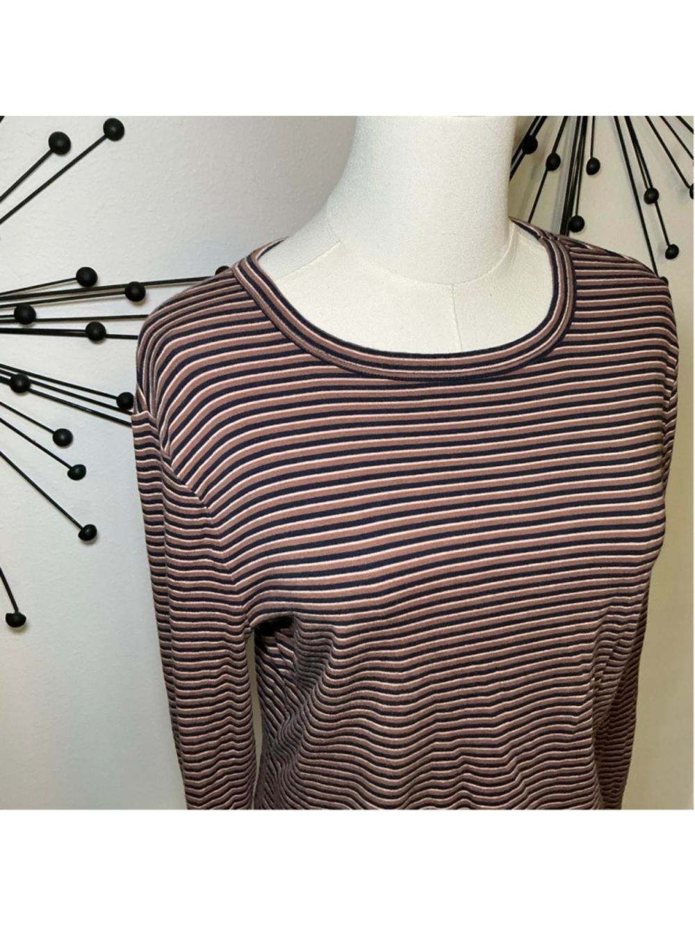 A New Day Brown Navy Striped Long Sleeve Tee Women’s Large Soft Casual Basic - Picture 2 of 4